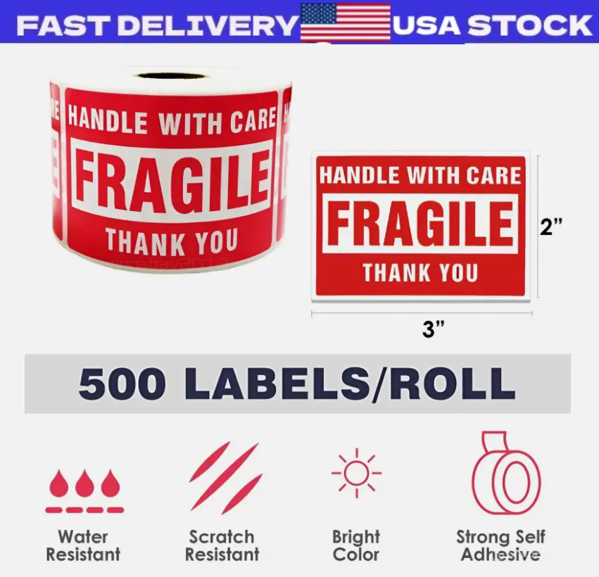 Fragile Stickers 1 Roll 500 2x3 Fragile Label Sticker Handle With Care ...