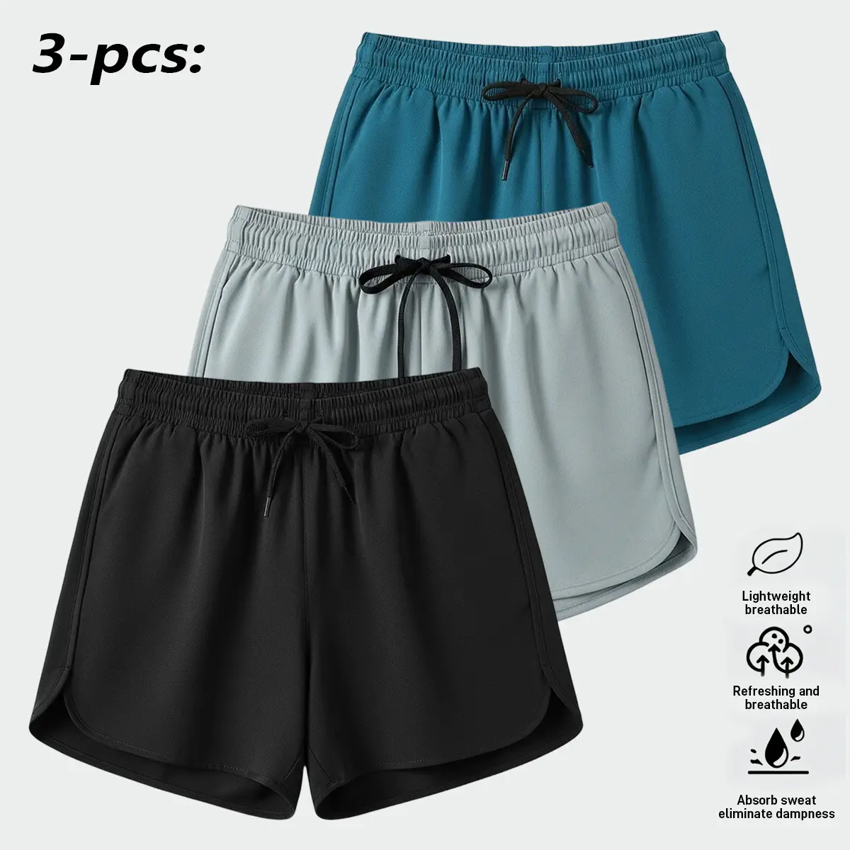 Female Regular Fit 3-Pack European-American Style Polyester Sports Shorts, Universal Marathon/Yoga Wear, Comfortable Breathable Moisture-Wicking Dry Cool, No Pockets, Back-to-School Casual Beach Shorts, Pocketless