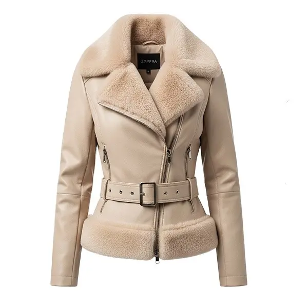 Women's belted beige leather jacket with high quality fur trim and collar