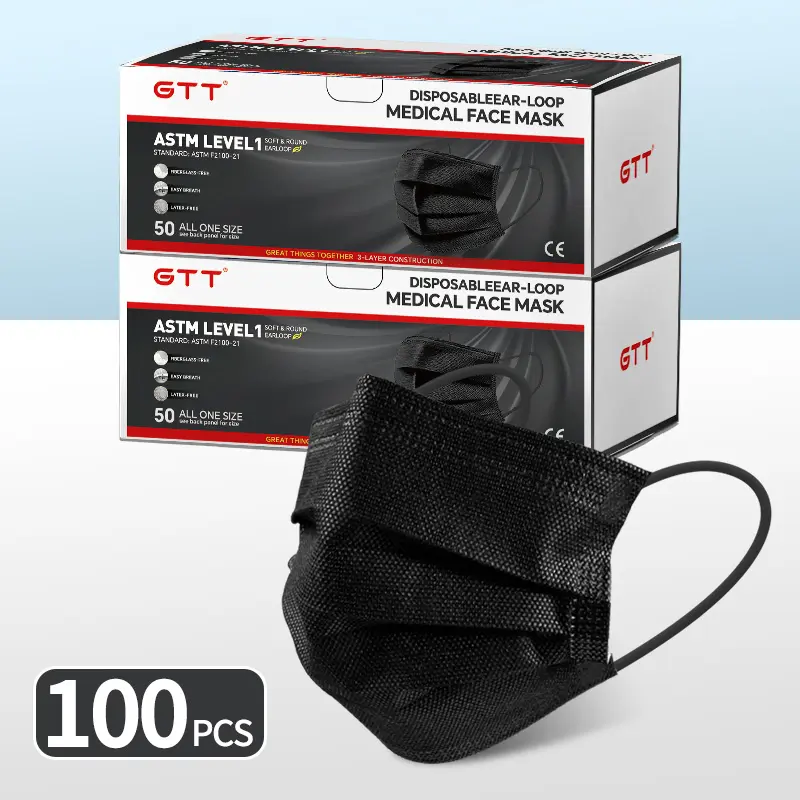 GTT Black ASTM Level 1 Disposable Medical Face Masks 100 Pcs, 3 Ply Breathable Matching Black Earloop Medical Masks for Adults