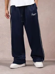 Men's Wide Leg Track Pants, Y2K Retro Striped Joggers, Navy Blue Side Stripe Loose Fit Casual Streetwear Trousers, Elastic Waist Drawstring, For Daily Wear, School, Street Style #springsaledeals2026 #summeroutfits #tiktokshopmademebuyit #mensstreetwear