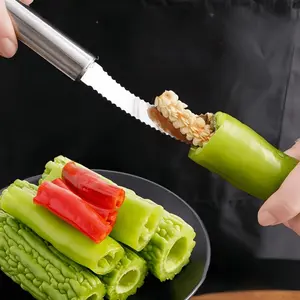 1pc Household Pepper Core Extractor Multi-Functional Serrated Stainless Steel Green Pepper Seed Extractor Dig Pepper Core Extractor Bitter Melon Small Tool Necessary for Kitchen