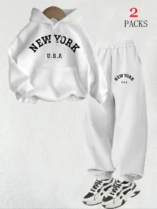 Women's New York Letter Print Hoodie Set Outfit, Casual Loose-Fit Knit Thicken Fabric, Fall & Winter Fashion, Warm Daily Wear