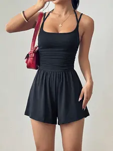 Summer New Halter Strap Knit Jumpsuit Shorts for Women, Sexy Backless Design, Fitted Waist, Casual Chic All-Season, Perfect for Daily Wear