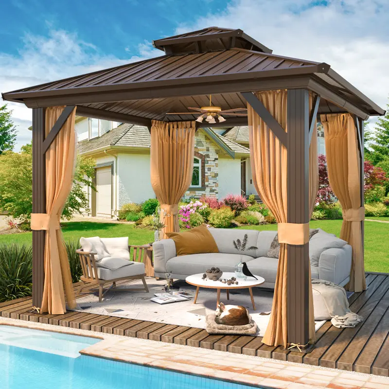10'x10' Hardtop Gazebo, Double Galvanized Steel Roof & Sturdy Aluminum Frame, All-Weather Permanent Pavilion for Patio Backyard