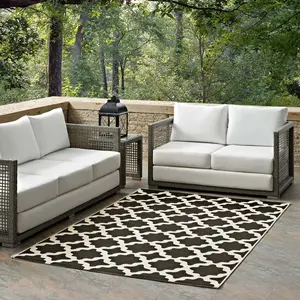 Modway Cerelia Moroccan Trellis 4x6 Indoor and Outdoor Area Rug in Black and Beige