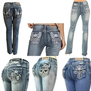 Skull McBling Bootcut Jean Stretch Rhinestone Y2k Rock emo goth Streetwear Mid Waist biker Denim Retro Crystal plusize bootcut Womenswear Bottom Pants