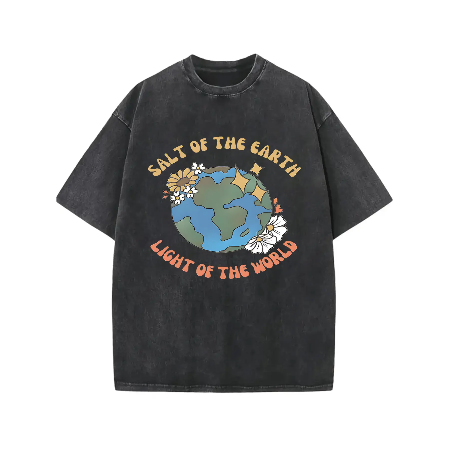 230g Washed Tee Black Oversized T-Shirt with Earth Globe & Floral Print, "Salt of the Earth, Light of the World" - Trendy Unisex Casual Style, Perfect for Everyday Wear. Summer, Cotton, Casual, Short Sleeve, Graphic Tee, Soft, Breathable, Loose Fit, Stree