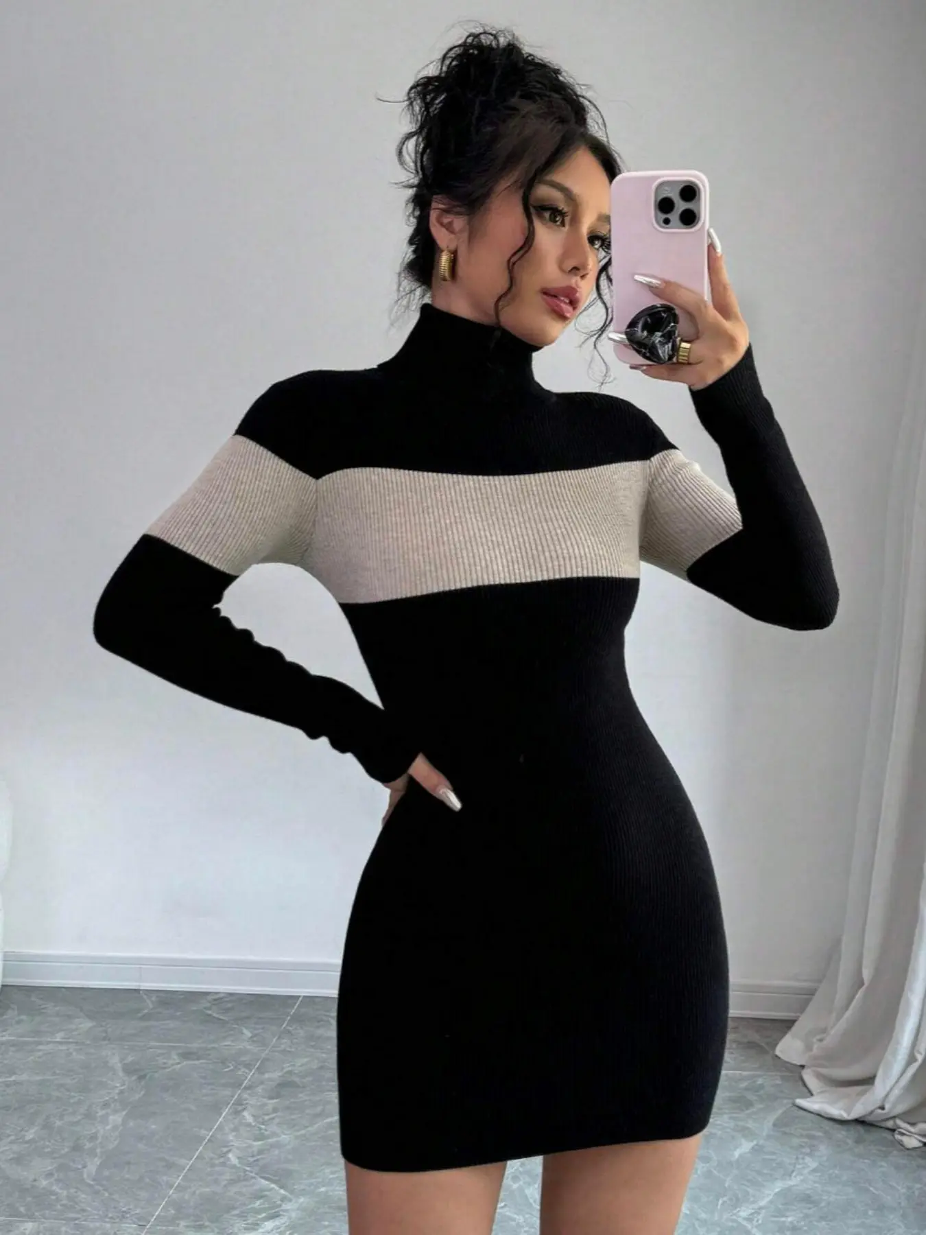 Women's High Neck Turtleneck Colorblock Long Sleeve Bodycon Dress, Commuter Office Wear, Daily Use, Date Night, Casual Wear, Casual Fashionable Dress, Simple Style, Fall Winter