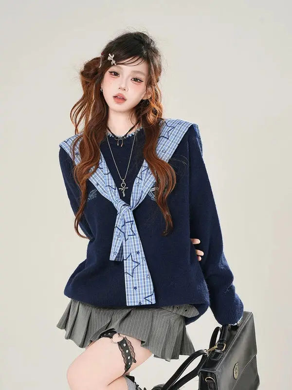 (XAT) Plaid Sailor Collar Knit Sweater - Classic Plaid Pattern & Cozy Knit Material for Casual Wear and Layering