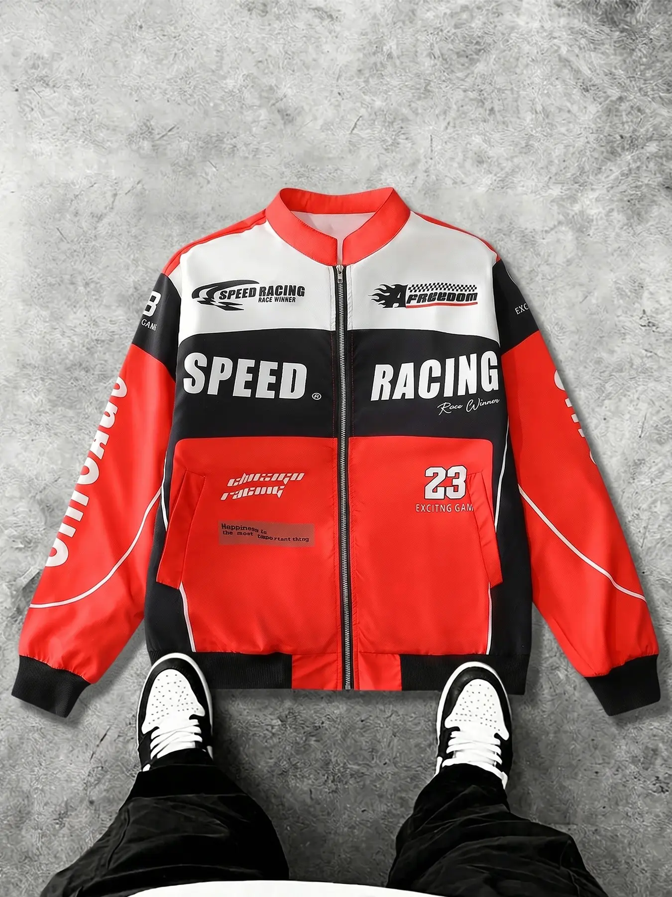 Men's Red Black Casual Racing Bomber Jacket Coats, with Full Print, Graphic Design, Streetwear Motorsport Style Windbreaker for Summer & Street Outfits, Spring Sale 2026, Zipper Front Closure, Long Sleeve, Baggy