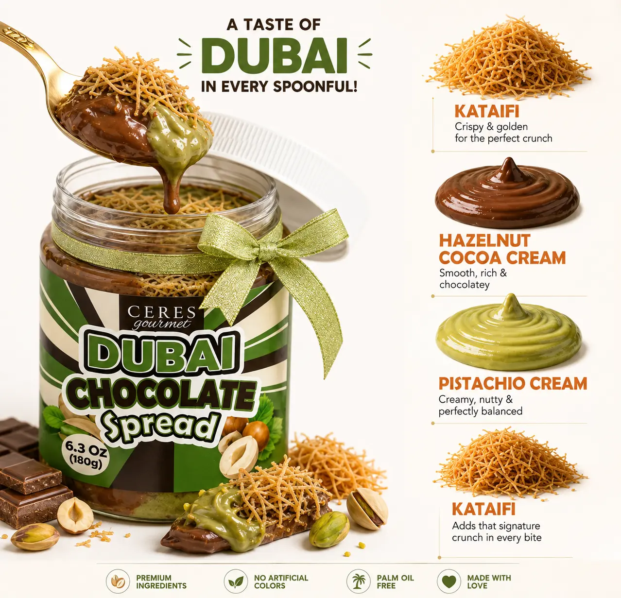 Dubai Chocolate Spread, 6.35 oz Jar – Real Chocolate with Pistachio & Kataifi, Gourmet Dubai Chocolate Filling for Pancakes, Breakfast, Snacks & Desserts