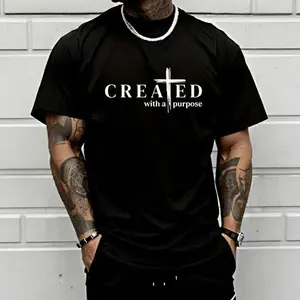 "Created with a Purpose" Faith Quote Print, Men's Short-Sleeve Christian Sports T-Shirt,Cross Graphic Casual Crew Neck Sport Top for Outdoor Activities