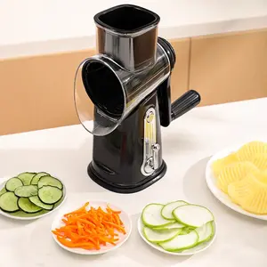 Rotary Cheese Grater with Handle 5 in 1 Vegetable Shredder with 5 Blades, Strong Suction Base, Round Mandoline Slicer & Blade Storage Box Kitchen Steel Stainless Utensils Curve Smooth