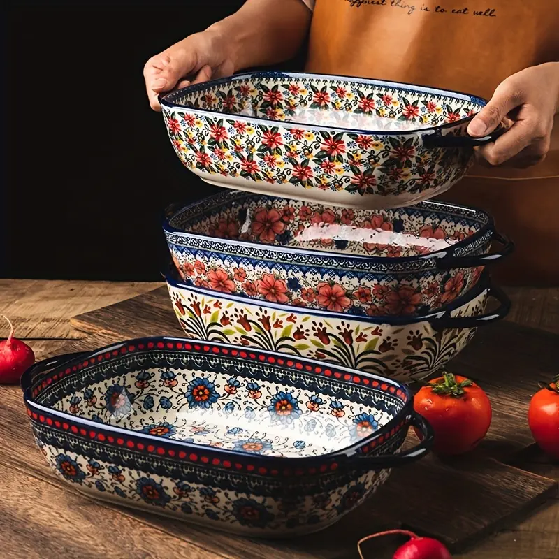 13+9 Inch 2pcs Ceramic Baking Dish Set | Over Sized Oval Roaster with Handles | Full-Coverage Vintage Bohemian Style | Dishware & Oven & Microwave Safe | Stackable Casserole Dish for Party, Easy Clean And Non-Stick Glaze, Elegant Gift