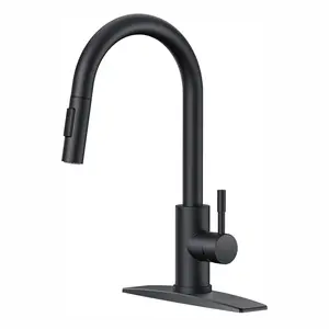 Black Kitchen Faucet with Pull Down Sprayer, Single Handle Kitchen Faucet Black With Deck Plate, Commercial Farmhouse RV Bar Sink Faucet