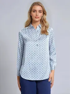 Long Sleeve Collared Popover Blouse, Printed Satin