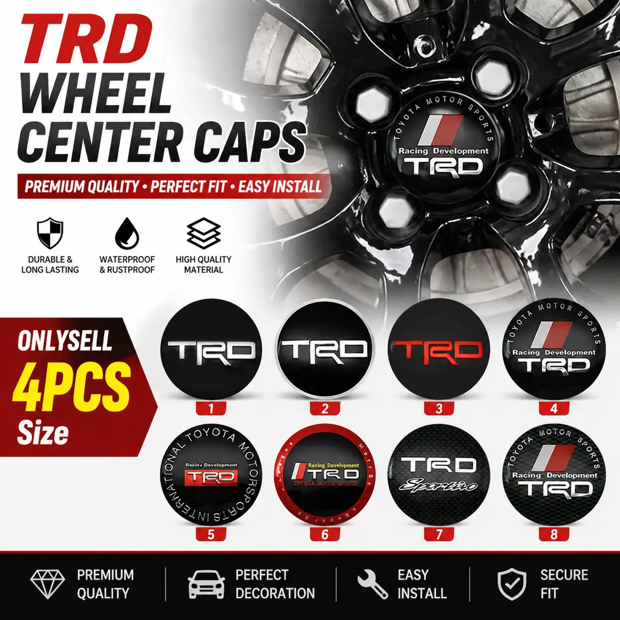 4Pcs 56mm Car TRD Badge Logo Ring Style Wheel Center Sticker Decoration Accessories Suitable for Hilux Tacoma TRD Pro 4Runner TRD Pro Tundra TRD Pro Camry TRD RAV4 TRD Off-road Edition, Automotive Decoration, Car Decorations