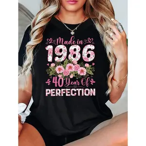 Made In 1986 Floral Birthday Graphic Tee Cute Vintage Pink Flower Print Short Sleeve Crewneck Casual Oversized Streetwear Gift For Her Him