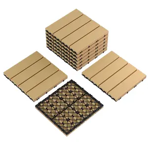 Waterproof Interconnected Composite Deck Tiles 12"x12" – All-Weather Plastic Wood Grain, Easy Install for Outdoor & Indoor Patio, Balcony, Porch, Pool, Garden – 9-Pack or 27-Pack (Teak/Grey)