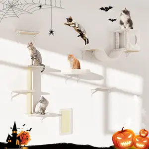 [dealsforyoudays] 6-Piece Wall-Mounted Cat Climbing Set with Condo Scratching Post Bridge & Toy Stylish Modern Interactive Fun Cozy for Multi-Cat Homes