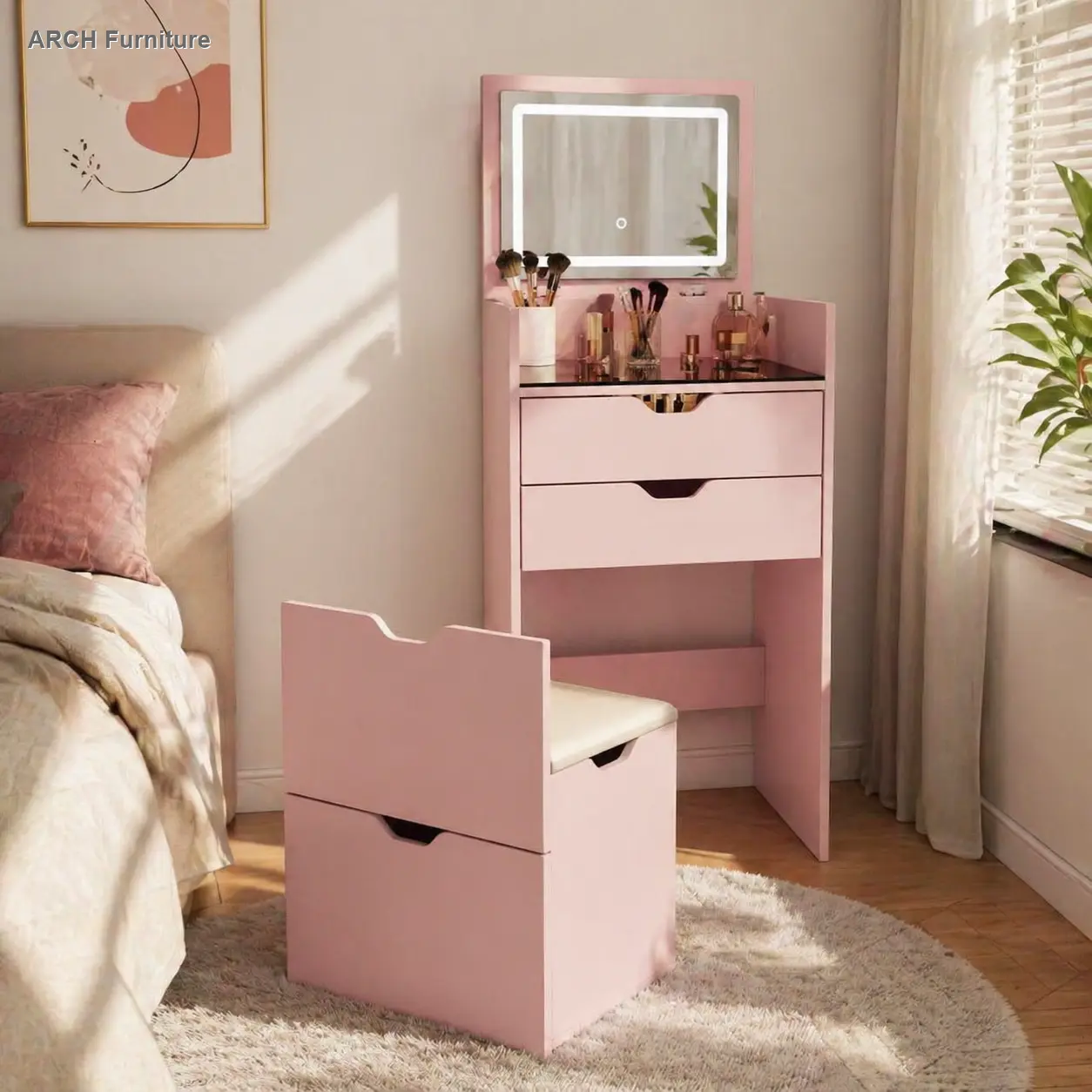ARCH Dressing Table and Stool Set, 3-in-1 Multifunctional Vanity Desk with Three-Color Lighting Modes, HD Mirror, Two Sliding Drawers, Hidden Storage Stool, Modern Makeup Table for Bedroom, Dressing Room, White Finish, Compact Design