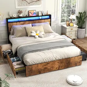 Queen Platform Bed Frame with Storage Headboard and Charging Station, Metal Queen size Bed with 4 Storage Drawers and LED Lights, Noise-Free, Metal Support Base, No Box Spring Needed, Rustic Brown