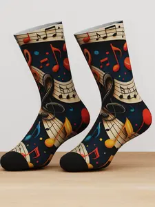 1 Pair Musical Notes Bamboo Crew Socks, Colourful Music Pattern, Soft Breathable Bamboo Fibre Socks for Music Lovers, Unique Gift for Musicians