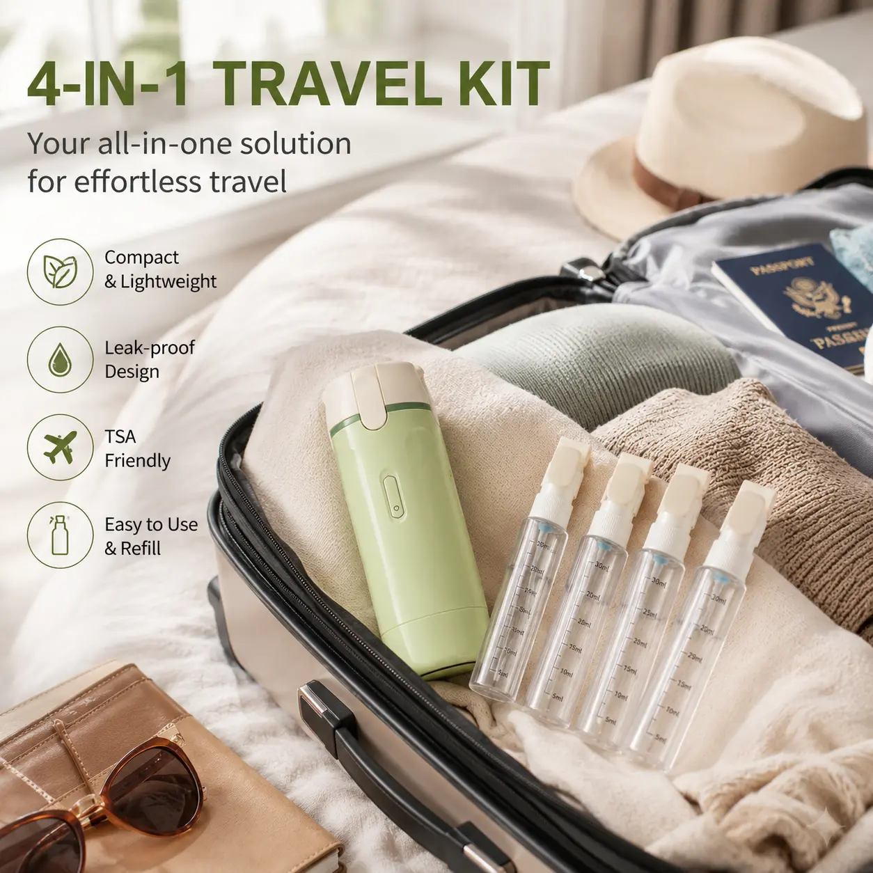 1 Count 4-in-1 Travel Bottle Kit, with 4 Transparent 30ml Scale Marked Refillable Spray Bottles for Travel Toiletries Storage