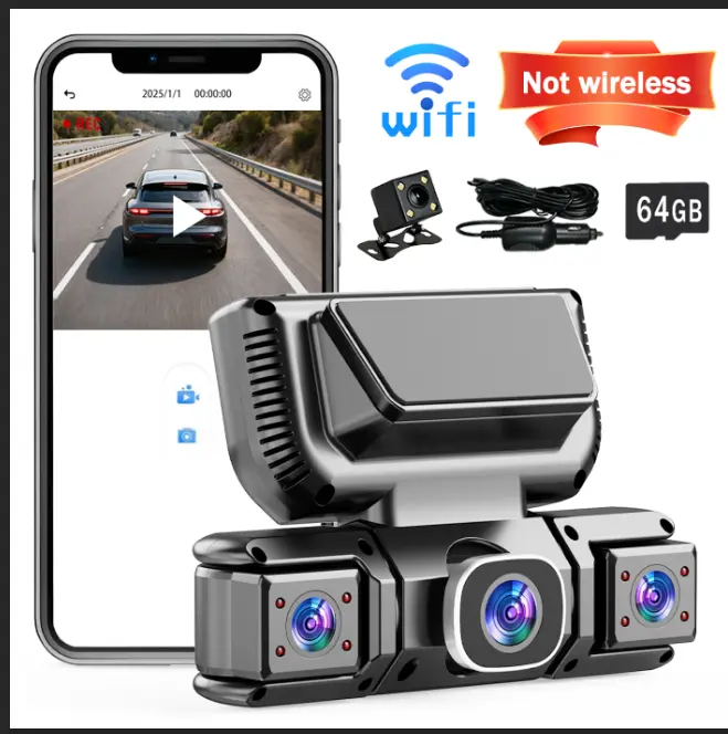 (NOT WIRELESS)BCUOZ 360 Degree View 4 Channel Dash Cam Front and Rear Inside Left Right, Dash Camera for Cars, Built-in GPS WiFi Night Vision, Free 64G Card Wifi Dashcam Car Dvr