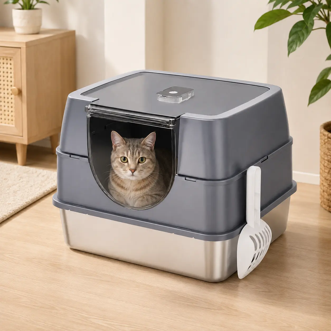 Stainless Steel Fully Enclosed Large Indoor Litter Box, Easy Clean Nonstick Surface Cat Toilet with Odor Control, Litter Splash Guard, Enclosed Box for Pets