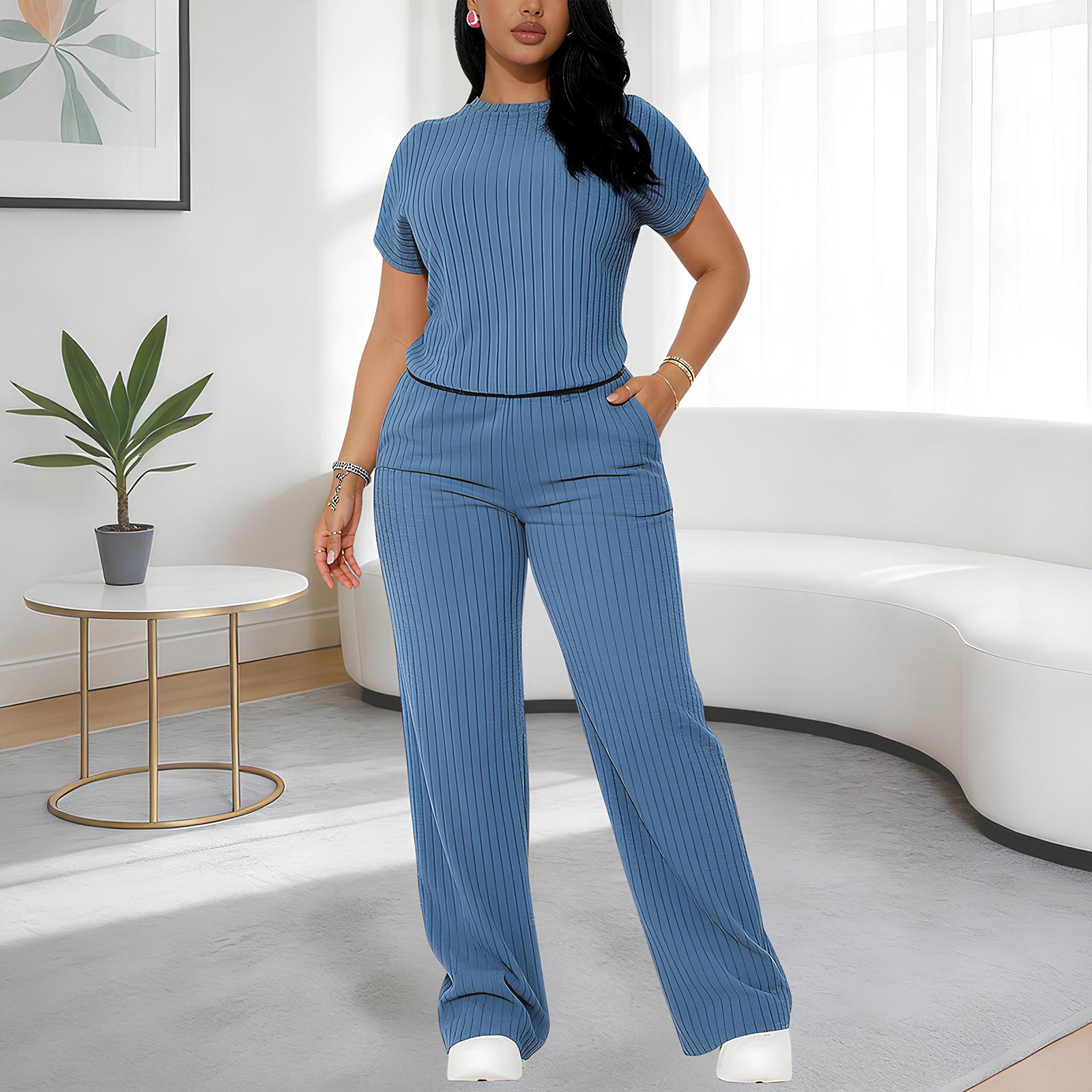 Women's Premium Ribbed Knit Co-ord Set for Spring & Summer – Short Sleeve Crew Neck Top & Straight Leg Trousers – Elegant Loungewear for Work from Home & Weekend Outings