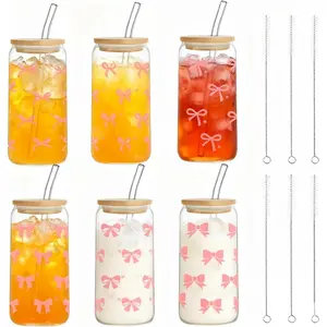 Pink Bow Glass Cups with Lids and Straws, 6 Set 16 OZ Coquette Bow Aesthetic Glass Reusable Iced Coffee Cup Smoothie Tumbler with Bamboo Lid, Reusable Straw & Cleaning Brush for Girls Women Sister