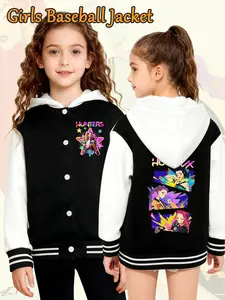 Girls' K-Pop Demon Hunters Hooded Baseball Jacket, Cartoon Print, Casual Fitted Long Sleeve, Spring & Fall Outerwear