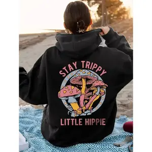 Women’s casual and fashionable hooded sweatshirt with mushroom print, made from comfortable polyester, featuring a machine-washable drawstring hood that preserves a lively little hippie bohemian charm GARMENTARY