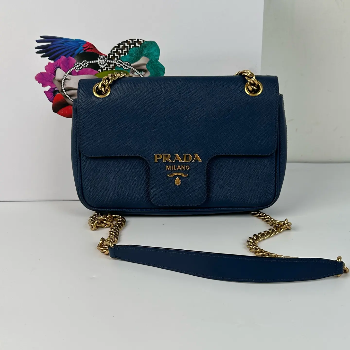Pre-owned PRADA Pattina Small Blue Saffiano Leather Flap Chain Shoulder Crossbody Bag