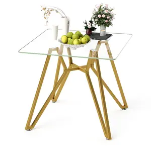 Dining Table 35.4“ Square Tempered Glass Dining Table, suitable for 2-4 people, space-saving small kitchen dining table, equipped with sturdy metal table legs,suitable for dining room, living room,Gold