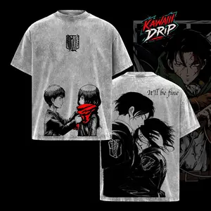 Attack on Titan - Eren Yeager x Mikasa Ackerman “It’ll Be Fine” Red Scarf Scene Vintage Oversize Washed Heavy Cotton Graphic T-Shirt, Retro Anime Streetwear for Men and Women