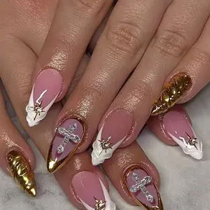 24pcs Long Almond Fake Nails, French Tip, Metal Outline, Rhinestone Cross, Starburst, Reusable, Beginner Friendly, Party, Date Night