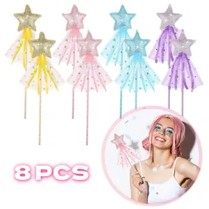 8 PCS Unisex Glitter Knitted Mesh Fairy Wands, Princess Costume Role Play Props, Angel Star Ornaments for Birthday, Wedding Party Favor Decorations (Festive & Party Supplies)