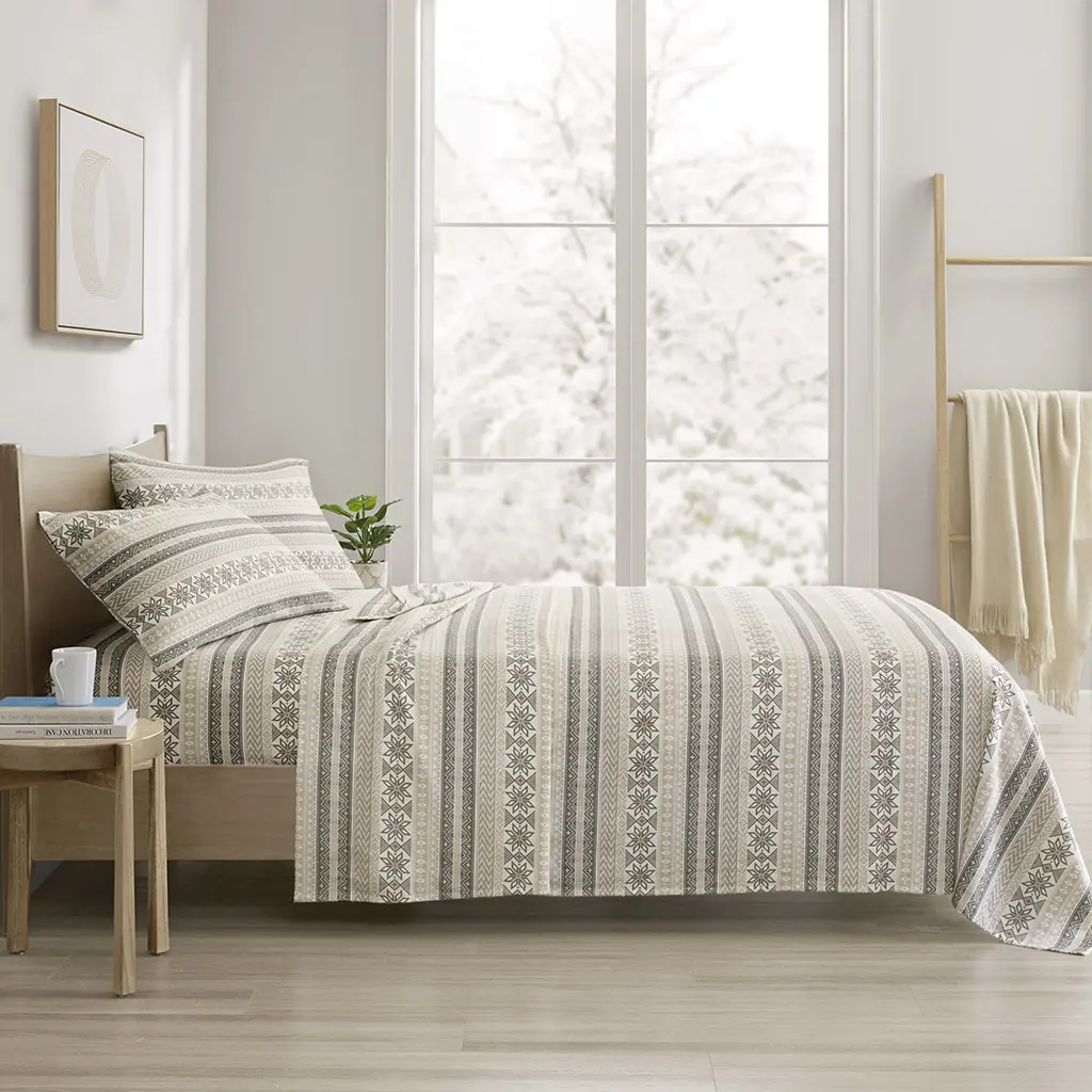 True North by Sleep Philosophy TN20-0519 90 x 102 x 0.13 in. Cozy Cotton Flannel Printed Sheet Set, Gray & Taupe Nordic - Queen Size