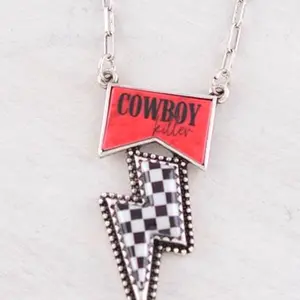 Cowboy Thunder Checker Necklace - Silver Chain with Black and White Checker Design