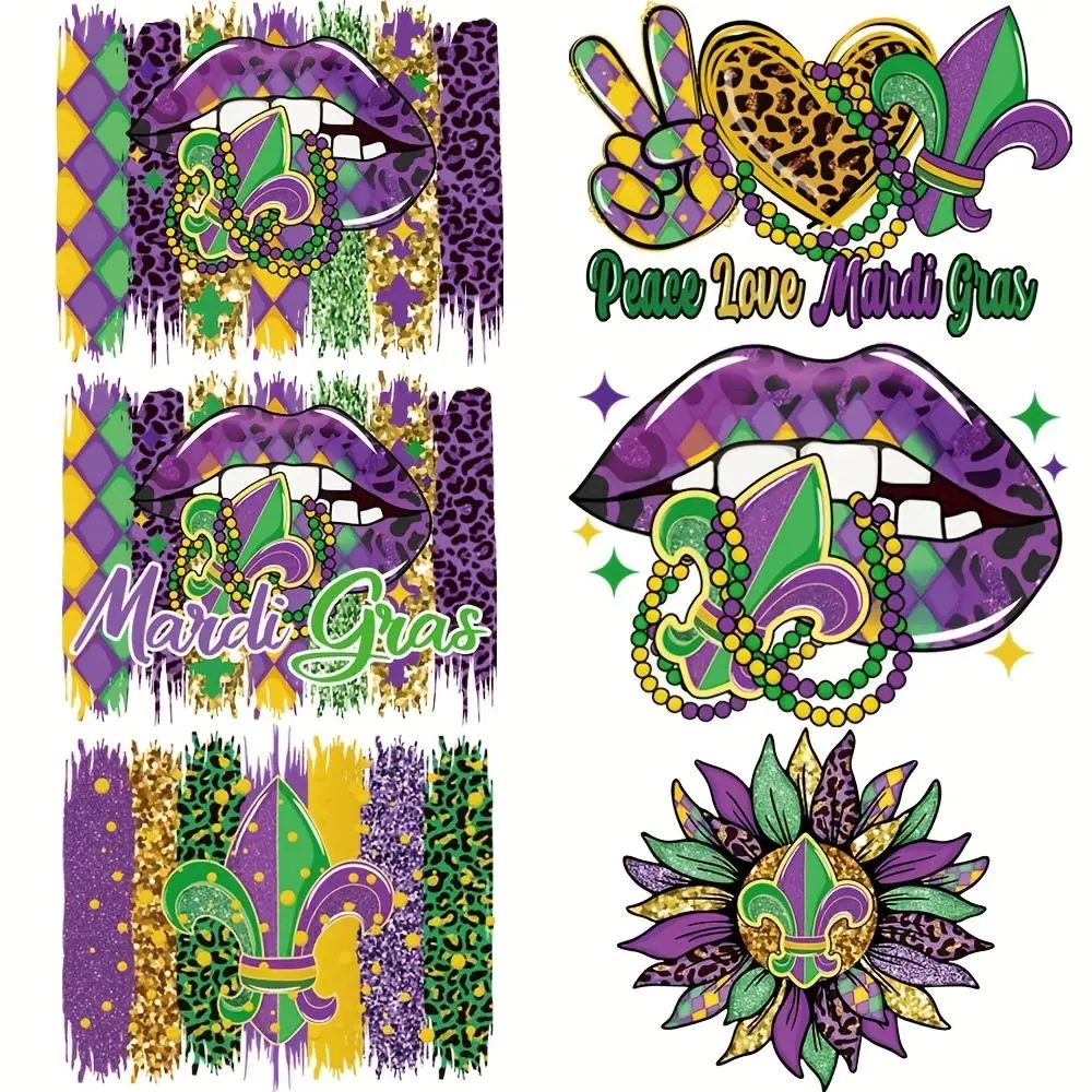 Mardi Gras Themed Heat Transfer Vinyl Sticker, 6 Counts/set DIY Iron-on Patches for Clothing, Washable and Durable Decorations