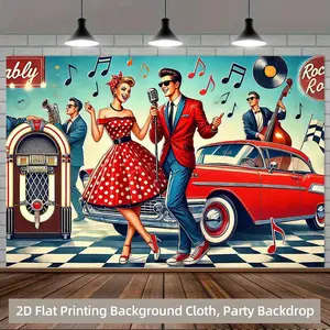 1PC,2D Flat Retro Rock 50s Theme Party Backdrop, American Retro Dance Party Decorative Background Cloth, Rock Car Jukebox Photo Backdrop, Birthday Party Retro Theme Decorative Background Cloth