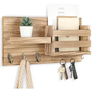 Mail Organizer for Wall Mount – Key Holder with Shelf Includes Letter Holder and Hooks for Coats, Dog Leashes – Rustic Wood with Flush Mounting Hardware (16.5" x 8.7" x 3.5") (Wood)