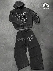 Unisex Dark Style Loose Zip Hoodie Set, Washed Vintage Warm Wide Leg Sports Pants, Distorted Pattern Print, High Street Casual Home Wear