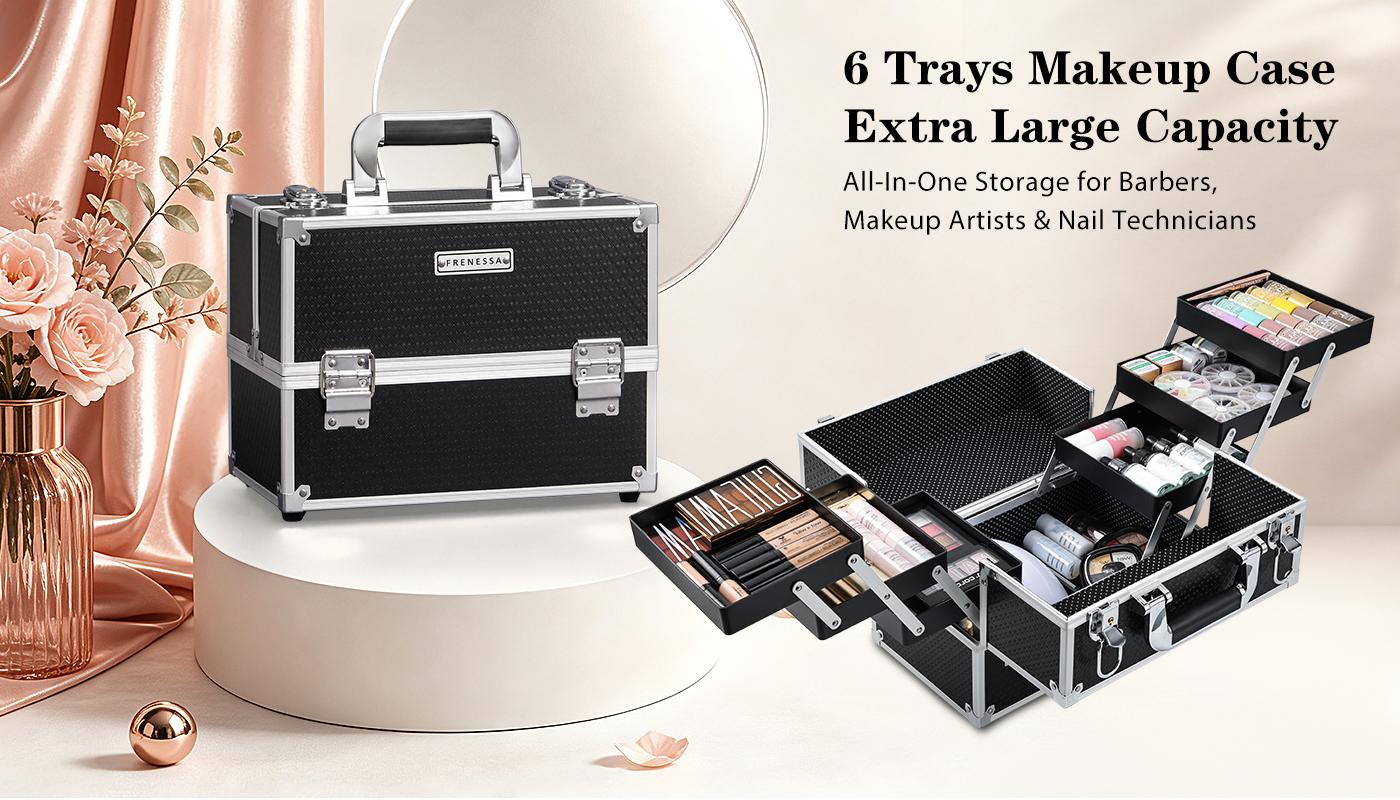 Large Makeup Case with 6 Trays Lockable Cosmetic Organizer Professional Travel Storage Box Hard Vanity Carrying Train Case