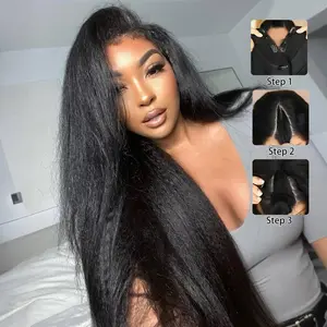STERLY V Part Kinky Straight Wig Human Hair Brazilian Body Wave V Part Wigs for Black Women 180% Density Clip in Half Wig No Glue No Sew Beginner Friendly Natural Color Wig