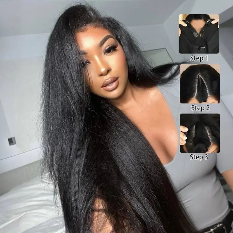 STERLY V Part Kinky Straight Wig Human Hair Brazilian Body Wave V Part Wigs for Black Women 180% Density Clip in Half Wig No Glue No Sew Beginner Friendly Natural Color Wig #tiktokshopstockup