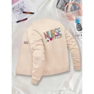 Women's Casual Graphic Jacket, Fitted Zipper Cardigan for All Seasons, Stylish Nurse Coat with Baseball Collar, Unique Layering Piece